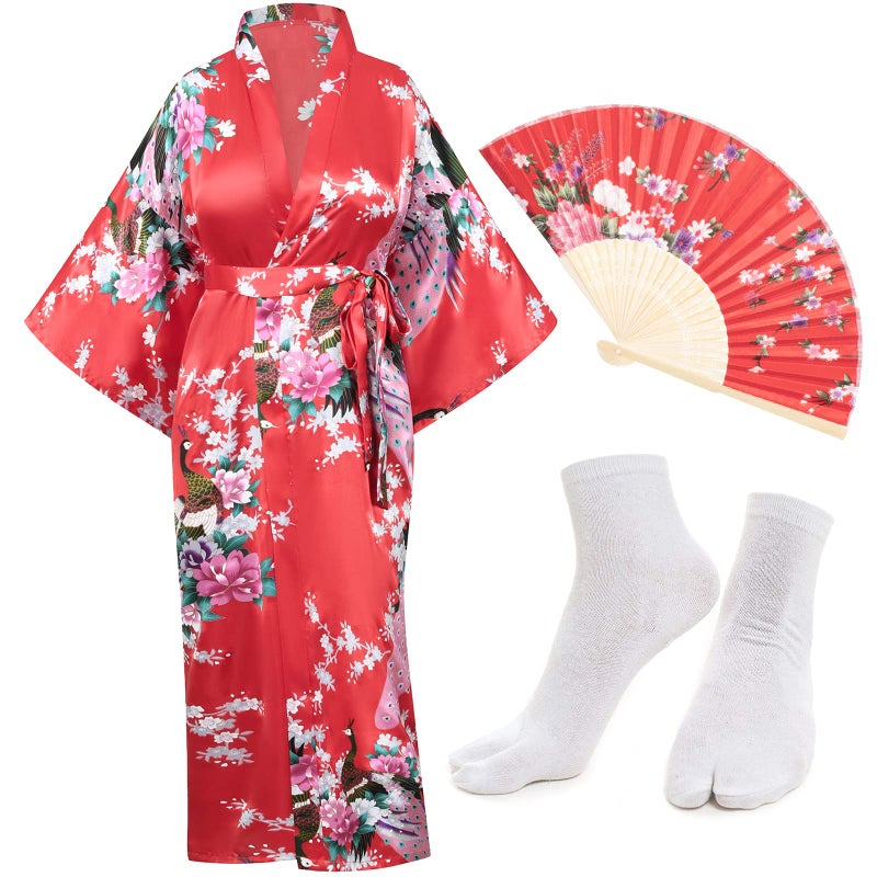 Heone Japanese Long Kimono Satin Peacock Printed Lightweight Cardigan Jacket Coat Loose Yukata Cloak Bathrobe Tops folding fans Tabi Socks Set(Red S-L) - Image 1
