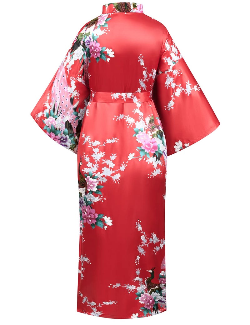 Heone Japanese Long Kimono Satin Peacock Printed Lightweight Cardigan Jacket Coat Loose Yukata Cloak Bathrobe Tops folding fans Tabi Socks Set(Red S-L) - Image 4