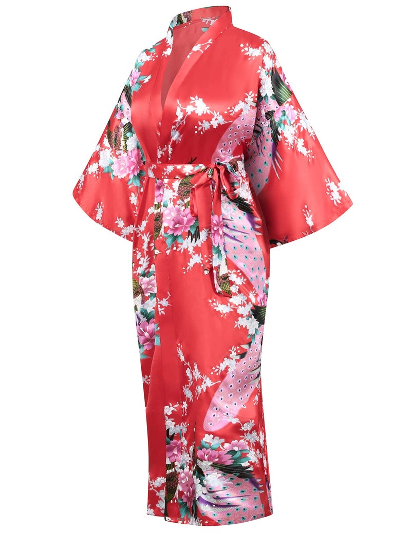 Heone Japanese Long Kimono Satin Peacock Printed Lightweight Cardigan Jacket Coat Loose Yukata Cloak Bathrobe Tops folding fans Tabi Socks Set(Red S-L) - Image 3