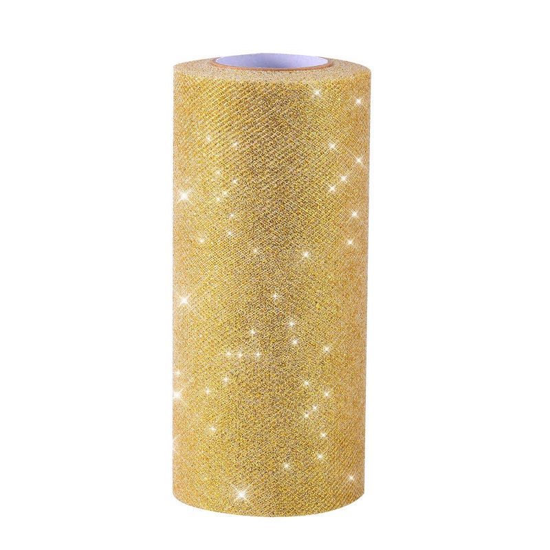 Senkary Glitter Tulle Roll Sparkling Tulle Ribbon Fabric Spool for Wedding Decoration Gift Wrapping 6 Inch by 25 Yards Gold