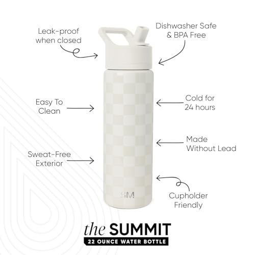 Simple Modern Water Bottle with Straw Lid Vacuum Insulated Stainless Steel Metal Reusable Leak Proof BPAFree Cup for School Summit Collection 22oz Cream Checkmate - Image 3
