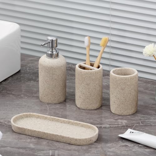 Haocoott Bathroom Accessories Set, Bathroom Organizer Countertop, Soap Dispenser and Toothbrush Holder, Mouthwash Cup, Tray Set, Vanity Tray for Bathroom, 4 Pieces Modern Decor (Beige) - Image 2