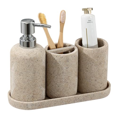 Haocoott Bathroom Accessories Set, Bathroom Organizer Countertop, Soap Dispenser and Toothbrush Holder, Mouthwash Cup, Tray Set, Vanity Tray for Bathroom, 4 Pieces Modern Decor (Beige) - Image 1