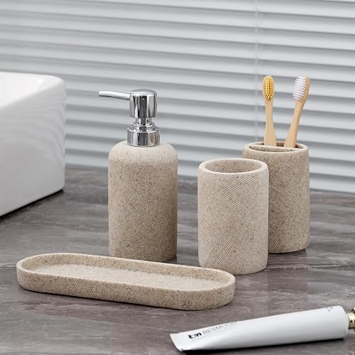 Haocoott Bathroom Accessories Set, Bathroom Organizer Countertop, Soap Dispenser and Toothbrush Holder, Mouthwash Cup, Tray Set, Vanity Tray for Bathroom, 4 Pieces Modern Decor (Beige) - Image 4