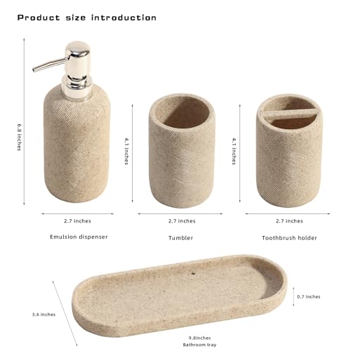 Haocoott Bathroom Accessories Set, Bathroom Organizer Countertop, Soap Dispenser and Toothbrush Holder, Mouthwash Cup, Tray Set, Vanity Tray for Bathroom, 4 Pieces Modern Decor (Beige) - Image 3