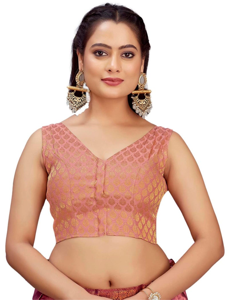 Vardha Women's Readymade Art Silk Sleeveless Saree Blouse with Zari Work | V Neck Light-Pink Blouse - Image 1