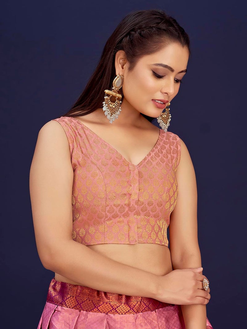 Vardha Women's Readymade Art Silk Sleeveless Saree Blouse with Zari Work | V Neck Light-Pink Blouse - Image 3