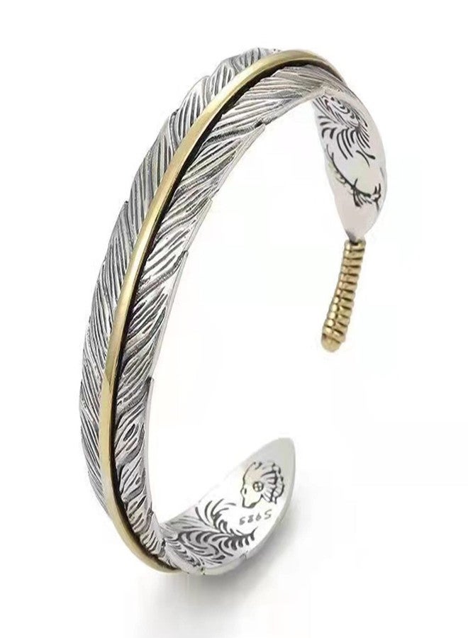 Innocence S925 Silver-Plated Antique Wide Feather Cuff Bracelet For Men Women Adjustable Retro Twisted Feathers Bracelets Gift Jewelry (Feather) - Image 1