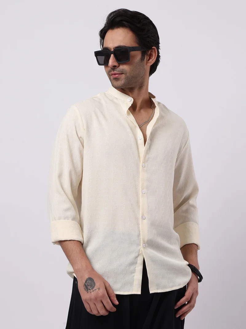 مانياك Maniac Mens Solid Chinese Collar Full Sleeve Soft Twill Fabric Cream Shirt
