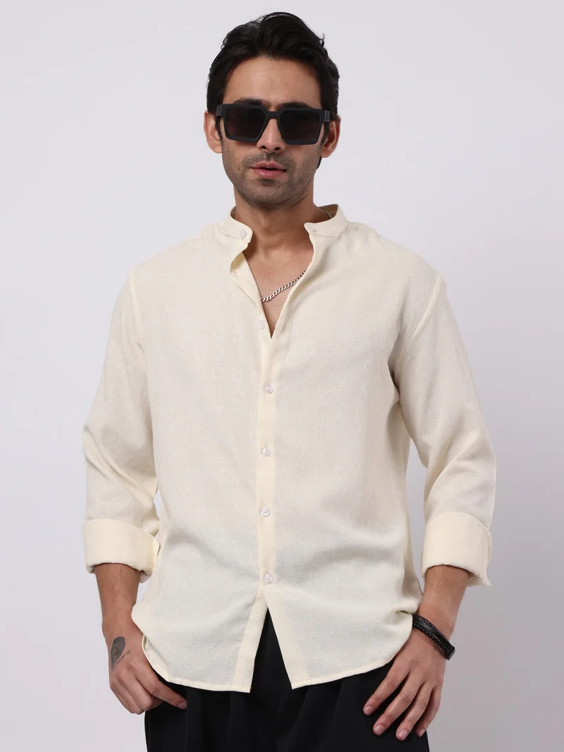 Maniac  Maniac Mens Solid Chinese Collar Full Sleeve Soft Twill Fabric Cream Shirt for Men | Best Price UAE