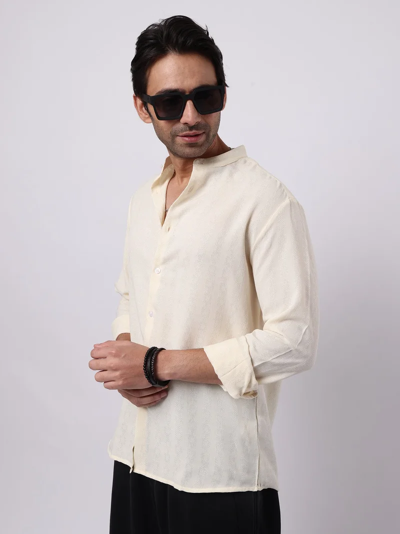 مانياك Maniac Mens Solid Chinese Collar Full Sleeve Soft Twill Fabric Cream Shirt
