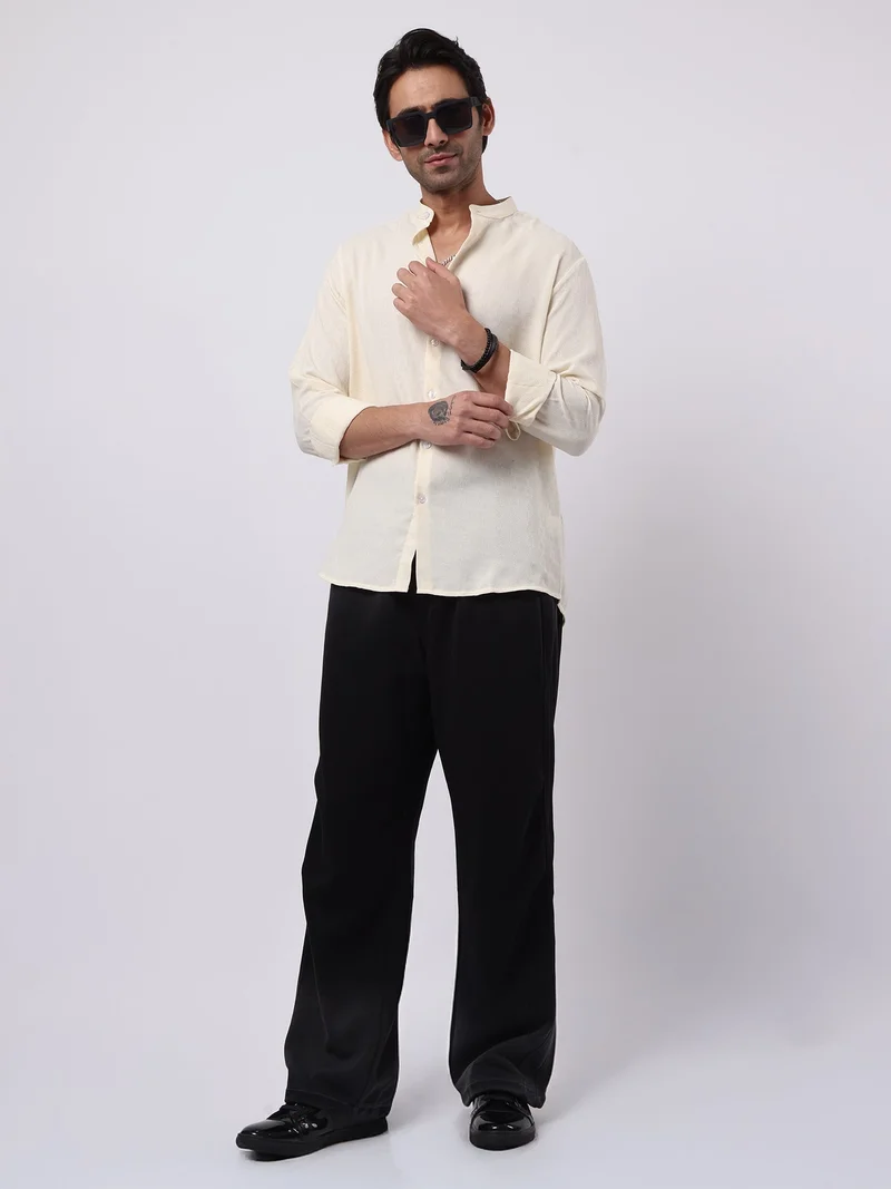 Maniac  Maniac Mens Solid Chinese Collar Full Sleeve Soft Twill Fabric Cream Shirt for Men | Best Price UAE