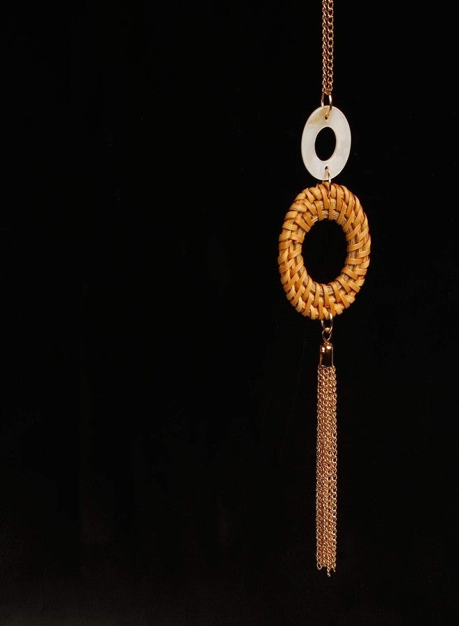 HUNO Handmade Straw Wicker Braid Statement Tassel Pendant Necklace Y-Shaped Long Chain Rattan Knit Bamboo Necklace for Women-round - Image 3