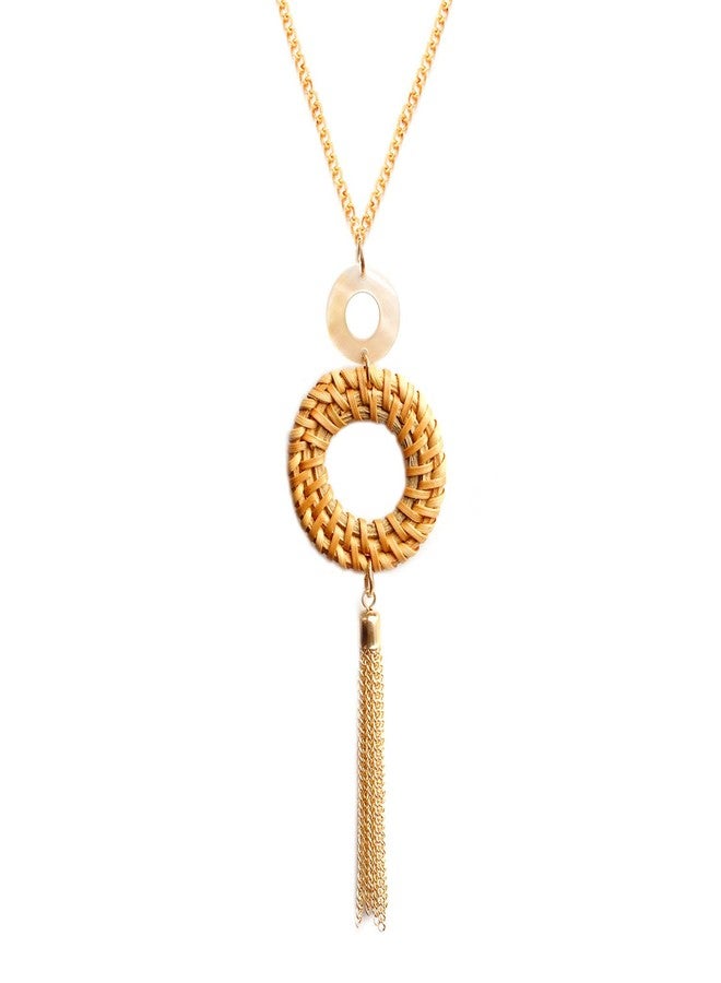 HUNO Handmade Straw Wicker Braid Statement Tassel Pendant Necklace Y-Shaped Long Chain Rattan Knit Bamboo Necklace for Women-round - Image 1