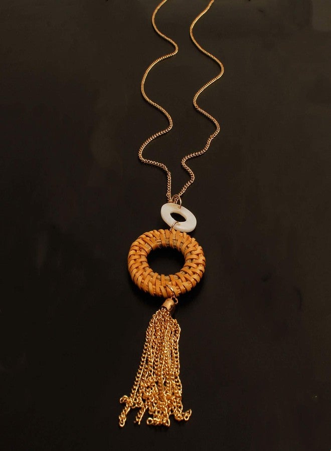 HUNO Handmade Straw Wicker Braid Statement Tassel Pendant Necklace Y-Shaped Long Chain Rattan Knit Bamboo Necklace for Women-round - Image 4