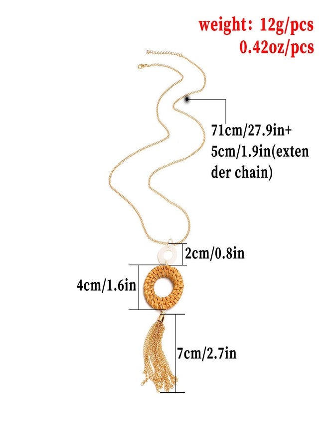 HUNO Handmade Straw Wicker Braid Statement Tassel Pendant Necklace Y-Shaped Long Chain Rattan Knit Bamboo Necklace for Women-round - Image 2