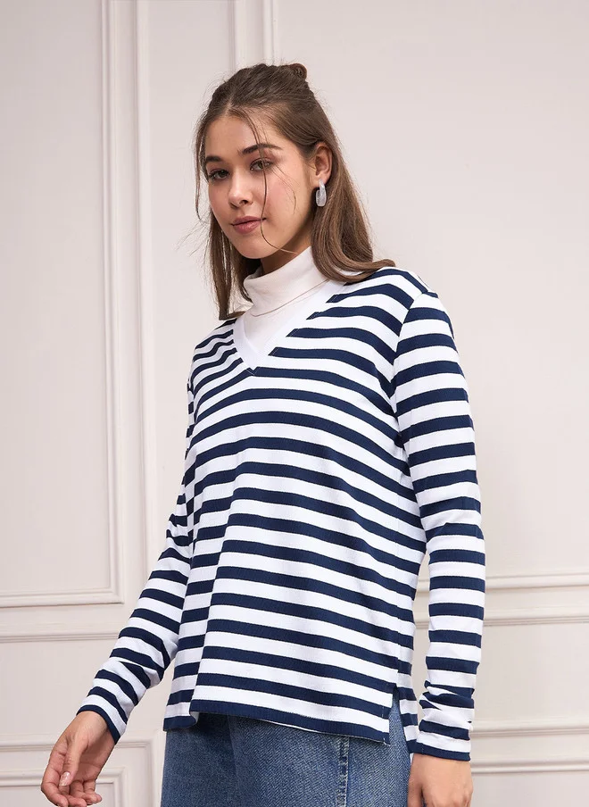SASSAFRAS Navy Blue Striped Pullover for Women