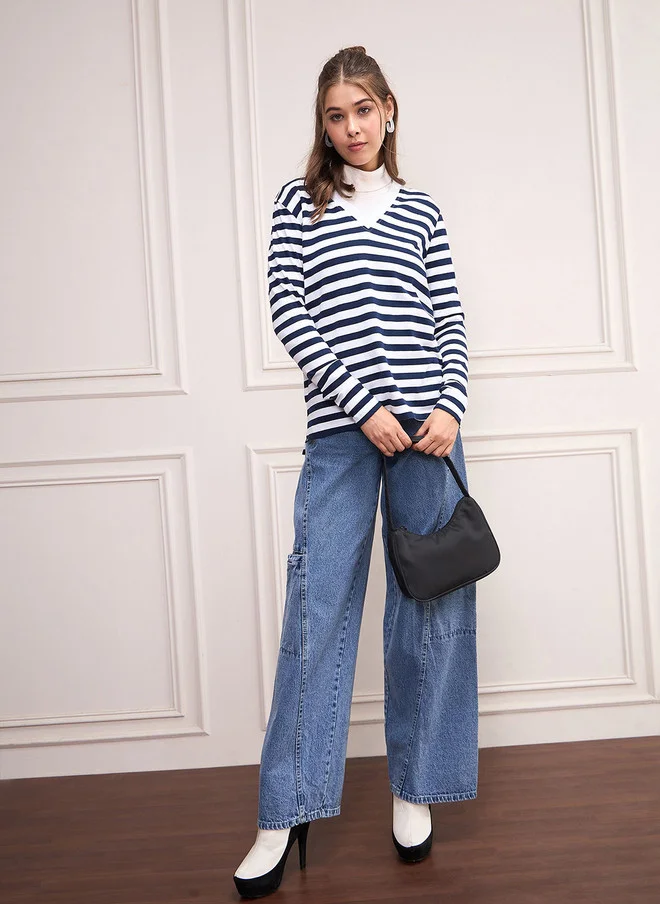 SASSAFRAS Navy Blue Striped Pullover for Women