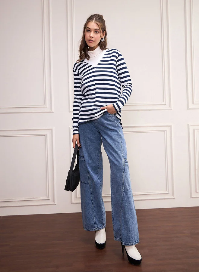 SASSAFRAS Navy Blue Striped Pullover for Women