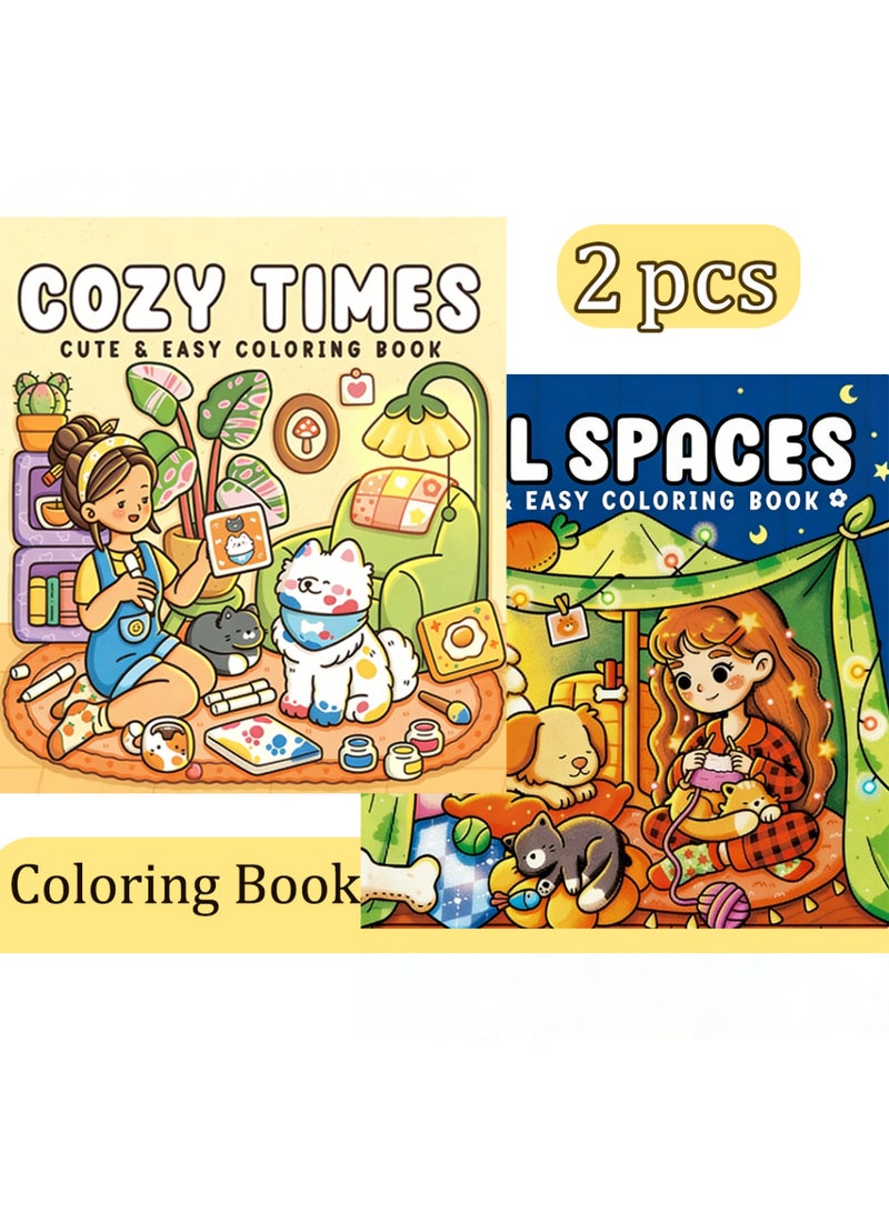 Bincoo Cute & Comfy Coloring Book Set - Girl Spaces, Cozy Times - Thick Paper, Single-Page Design, Stress Relief for Adults & Kids - Perfect Creative Gift for Artists & Families (2 Books, 40 Pages Each) - Image 1