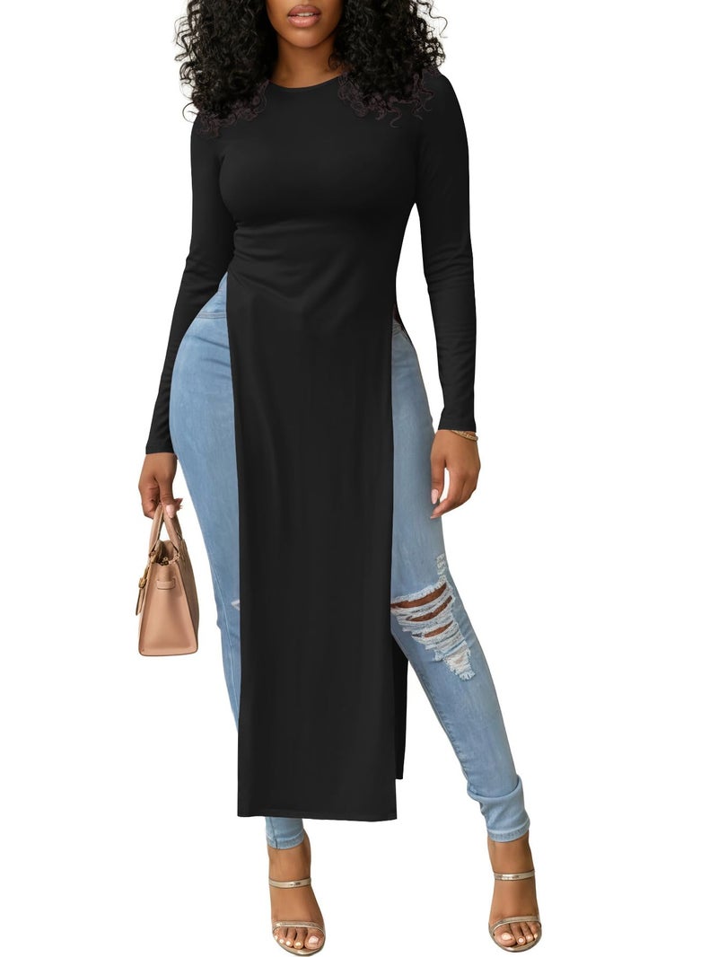 OPOIPIN Women's Crew Neck Split Slit Hem Long Sleeve Slim Fit Tee Top Long Shirt Tunic Black Medium - Image 1