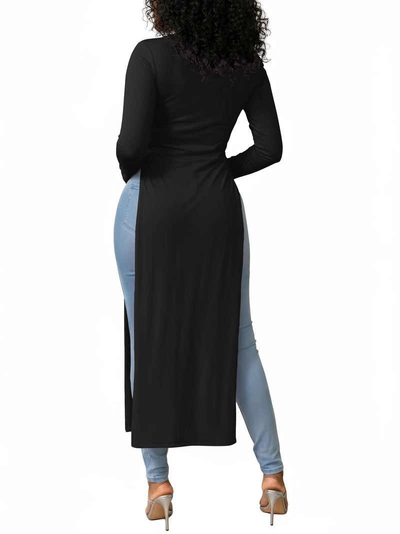 OPOIPIN Women's Crew Neck Split Slit Hem Long Sleeve Slim Fit Tee Top Long Shirt Tunic Black Medium - Image 5