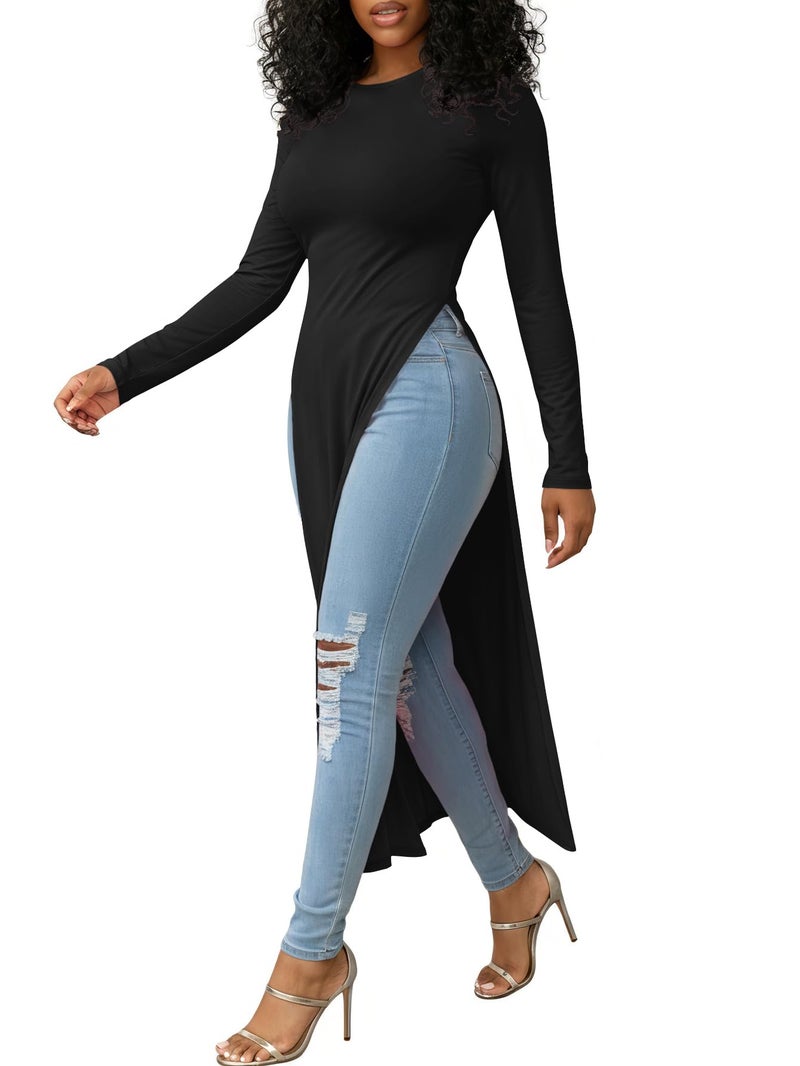 OPOIPIN Women's Crew Neck Split Slit Hem Long Sleeve Slim Fit Tee Top Long Shirt Tunic Black Medium - Image 3