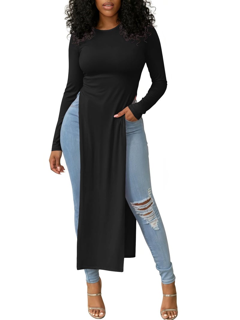 OPOIPIN Women's Crew Neck Split Slit Hem Long Sleeve Slim Fit Tee Top Long Shirt Tunic Black Medium - Image 2
