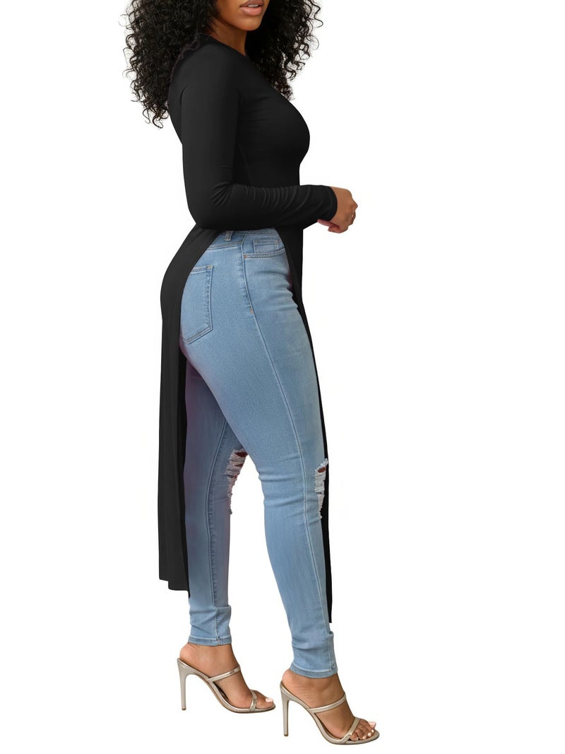 OPOIPIN Women's Crew Neck Split Slit Hem Long Sleeve Slim Fit Tee Top Long Shirt Tunic Black Medium - Image 4