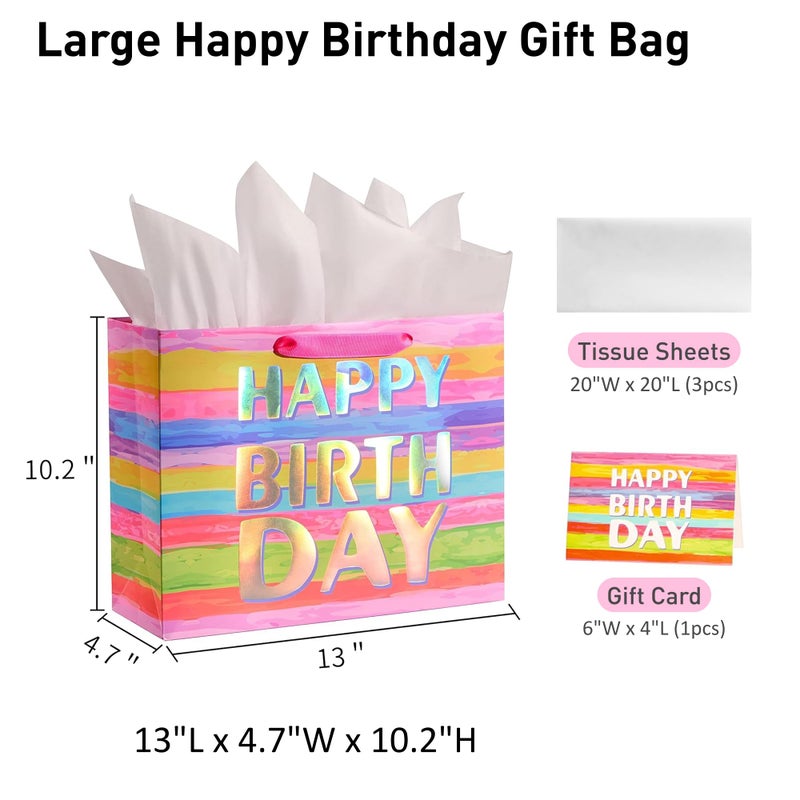 SUNCOLOR Large Happy Birthday Gift Bag with Tissue Paper & Card, 13 x 10.2 x 4.7 Inches Premium Paper Bag for Birthday, Kids', Women's & Mother's Gifts - Image 2