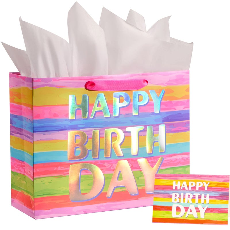 SUNCOLOR Large Happy Birthday Gift Bag with Tissue Paper & Card, 13 x 10.2 x 4.7 Inches Premium Paper Bag for Birthday, Kids', Women's & Mother's Gifts - Image 1