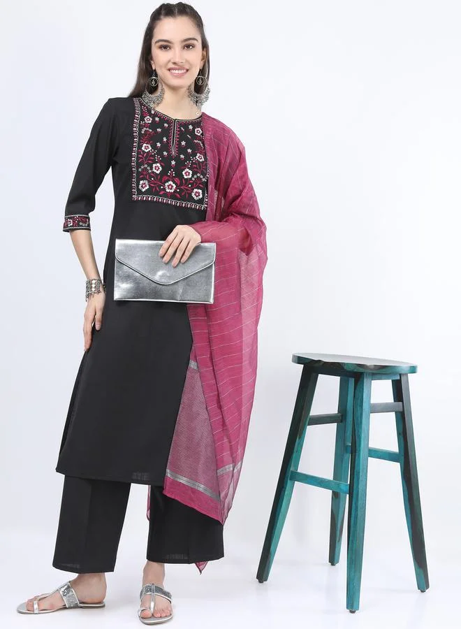 Ketch Floral Embroidered Kurta and Wide Leg Pant with Dupatta Set by Styli
