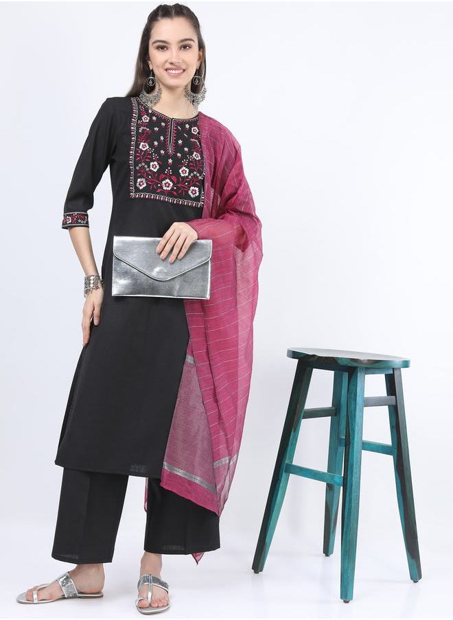 Ketch - Floral Embroidered Kurta and Wide Leg Pant with Dupatta Set by Styli - Image 1