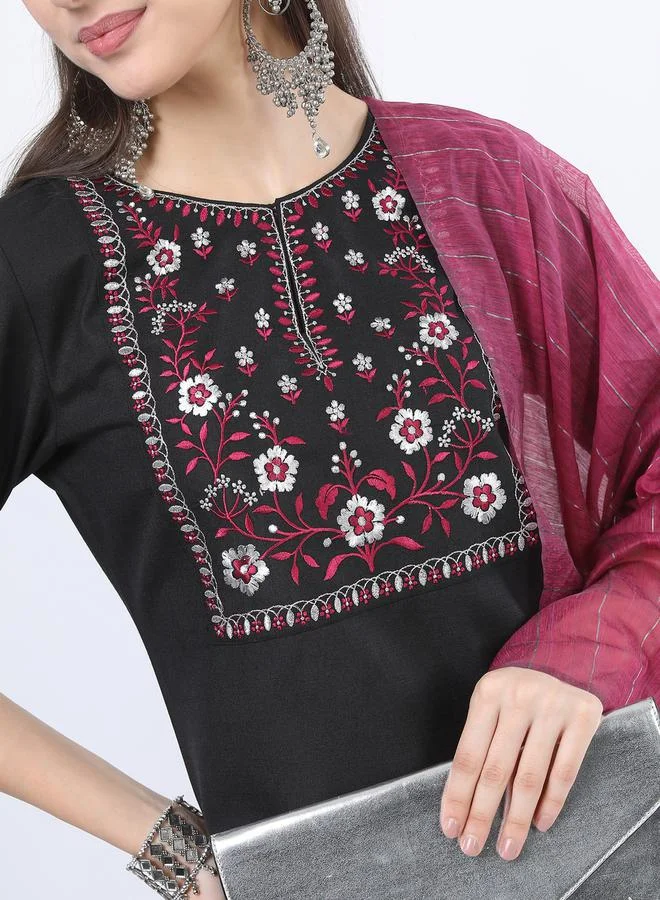 Ketch Floral Embroidered Kurta and Wide Leg Pant with Dupatta Set by Styli
