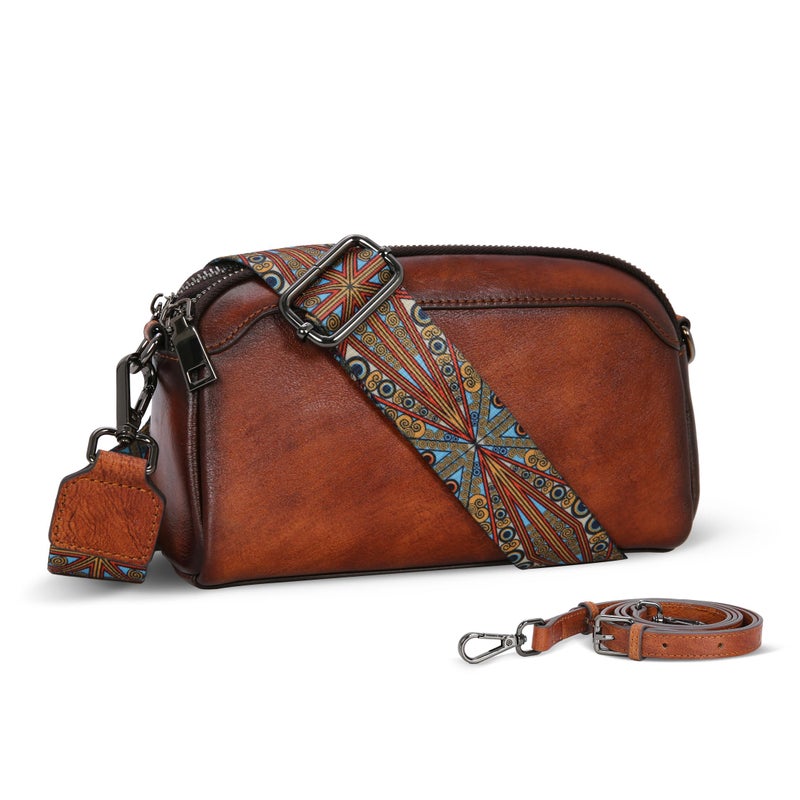 Iswee Brown Leather Crossbody Bag for Women, Small Brown Purse for Travel Everyday, Adjustable Shoulder Bag with Guitar Strap, Lightweight Pocketbooks with Multiple Pockets - Image 1