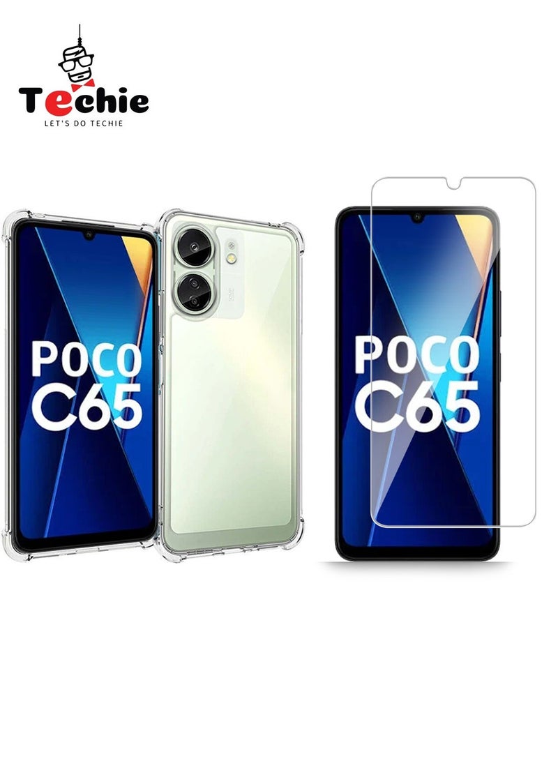 Techie حافظة وشاشة حماية Xiaomi Poco C65 مجموعة 2 في 1 - حافظة TPU شفافة مع واقي شاشة زجاجي مقسى HD - Image 1
