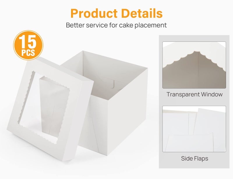 Kootek 15pcs Cake Boxes, 10x10x8 Inches Tall Cake Box with Window, White Bakery Boxes, Large Baking Boxes, Square Cardboard Cake Box for Multi-Layer Cakes, Cake Decorating Supplies for Gift Giving - Image 3