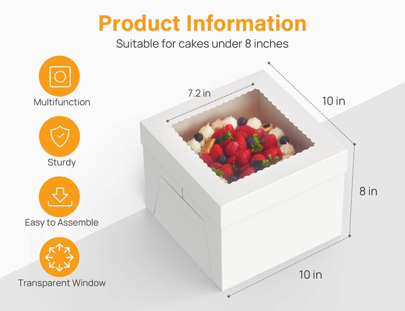 Kootek 15pcs Cake Boxes, 10x10x8 Inches Tall Cake Box with Window, White Bakery Boxes, Large Baking Boxes, Square Cardboard Cake Box for Multi-Layer Cakes, Cake Decorating Supplies for Gift Giving - Image 2