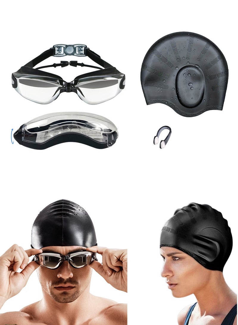هوجان نظارات سباحة مقاومة للماء (مع سدادات أذن من قطعة واحدة) ، غطاء سباحة لحماية الأذن من السيليكون ، مجموعة مشبك أنف مقاوم للماء - Image 1