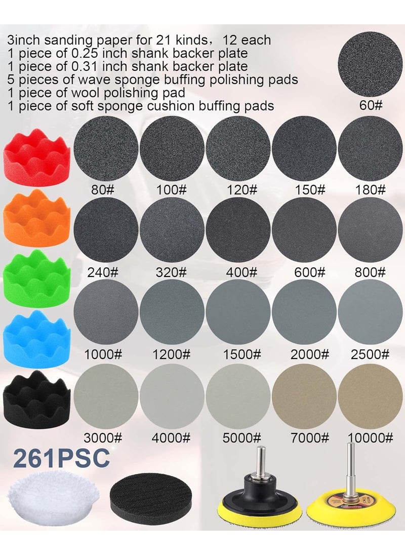 Queekay 261 Pcs Sanding Discs Pad Kit 3 Inch Sandpaper Grit 6010000 Wet Dry Sander Sheets with 14 Shank Backer Plate and Soft Foam Buffing Pads Grinding Abrasive Sponge Sanding Discs Pad for Polishing Tool  - Image 2