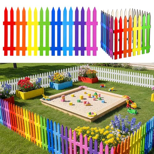 Chunful 16 Pcs Wooden Garden Fence Garden Border Edging Decorative 157 H x 63 Landscape Border Edging Ornamental Fence for Home School Lawn Flower BedsRainbow - Image 1