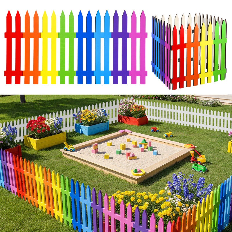 Chunful 16 Pcs Wooden Garden Fence Garden Border Edging Decorative 157 H x 63 Landscape Border Edging Ornamental Fence for Home School Lawn Flower BedsRainbow - Image 2