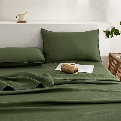 EVERLY Linen Sheets Set King Size,100% French Stonewash Pure Linen Bed Sheets,4Pieces (1Flat Sheet,1Fitted Sheet,2Pillowcase) Suitable for Hot Sleepers,Deep Pocket Natural Bedding Set-Mossy Green - Image 3