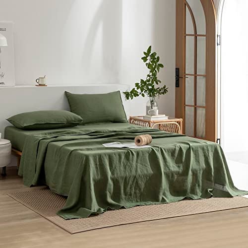 EVERLY Linen Sheets Set King Size,100% French Stonewash Pure Linen Bed Sheets,4Pieces (1Flat Sheet,1Fitted Sheet,2Pillowcase) Suitable for Hot Sleepers,Deep Pocket Natural Bedding Set-Mossy Green - Image 2