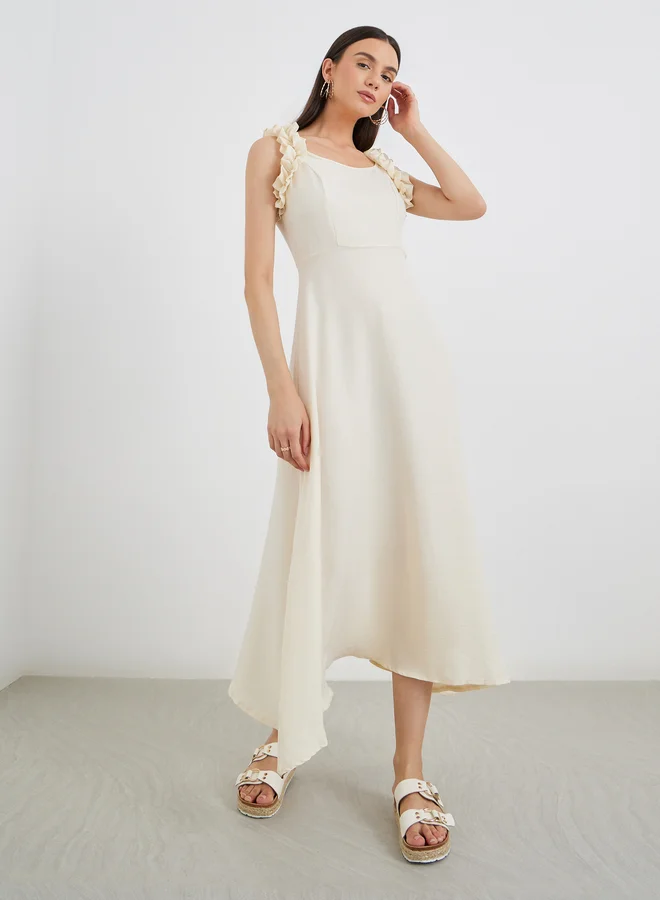 Take Two Take Two Solid Ruffled Strappy A-Line Midi Dress