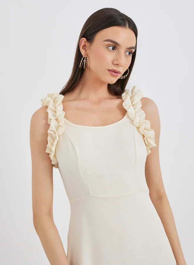 Take Two Take Two Solid Ruffled Strappy A-Line Midi Dress