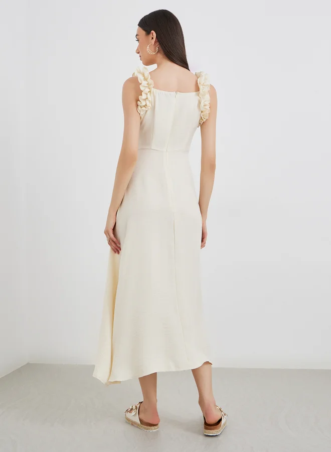 Take Two Take Two Solid Ruffled Strappy A-Line Midi Dress