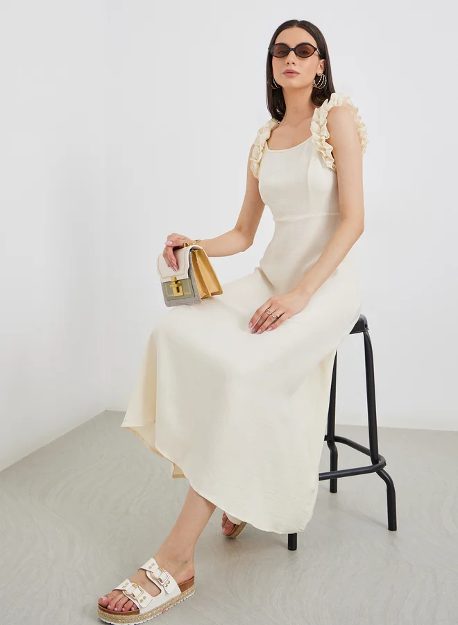 Take Two Take Two Solid Ruffled Strappy A-Line Midi Dress