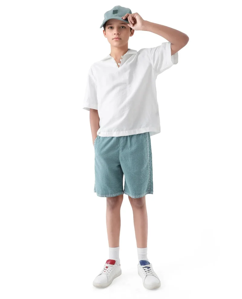 Rare Ones Rare Ones Kids Mixo-B Teal Cotton Fabric Drawstring Closure Regular Fit Shorts