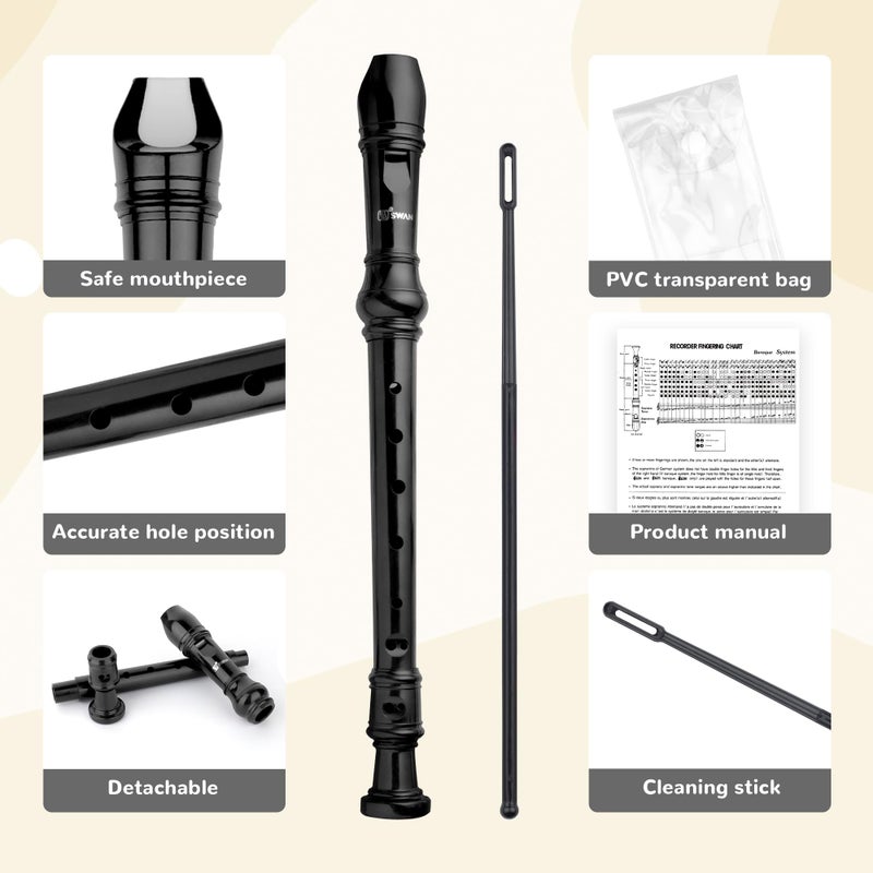 SWAN Soprano Recorder Instrument for Beginners Kids Student - German Fingering 8 Hole Flute Descant Recorders with Cleaning Rod Fingering Chart, Black - Image 2